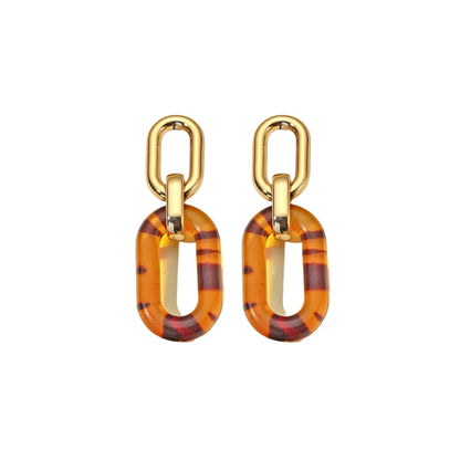 Brown Resin and 18K Gold-Plated Chain Link Drop Earrings, gold drop earrings for women, dainty minimalist design, styled look