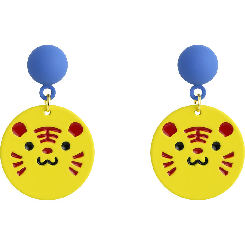 Silver-Plated and Yellow Enamel Tiger Dangle Earring, silver drop earrings for women, everyday style, side view
