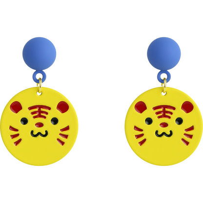 Silver-Plated and Yellow Enamel Tiger Dangle Earring, silver drop earrings for women, everyday style, side view