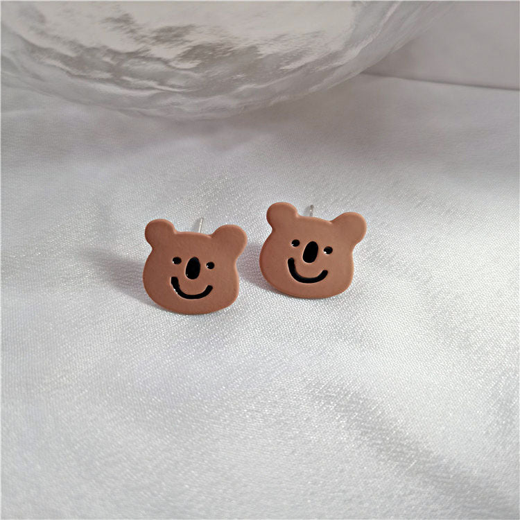 Brown Enamel & Silver-Plated Bear Stud Earrings