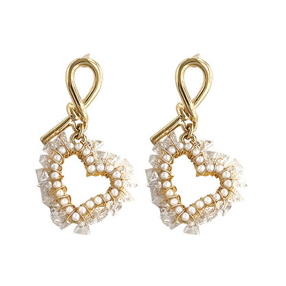 White Pearl and Acrylic 18K Gold-Plated Heart Drop Earrings, gold drop earrings for women, lifestyle look