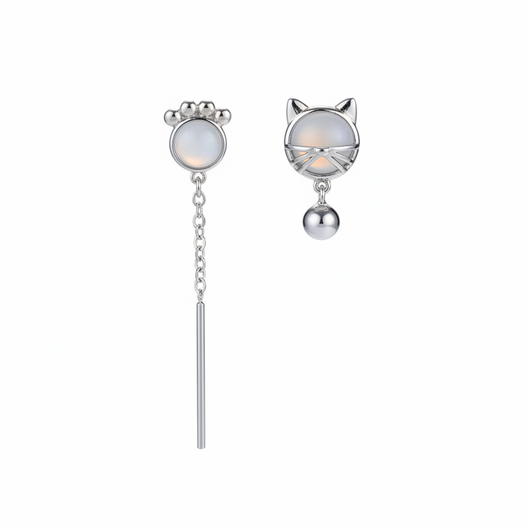 White Cat Eye & Silver-Plated Kitty Mismatching Drop Earrings - Street Region