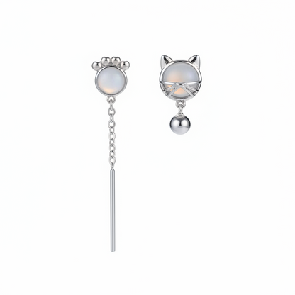 White Cat Eye & Silver-Plated Kitty Mismatching Drop Earrings - Street Region