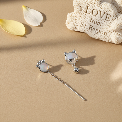 White Cat Eye & Silver-Plated Kitty Mismatching Drop Earrings - Street Region
