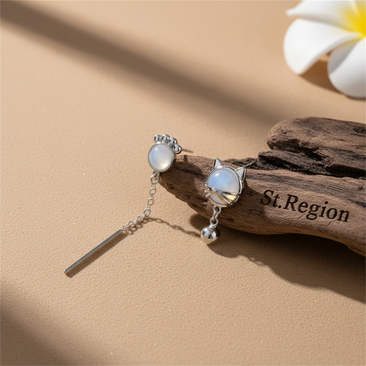 White Cat Eye & Silver-Plated Kitty Mismatching Drop Earrings - Street Region