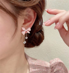 Pink Enamel & Cubic Zirconia 18K Gold-Plated Bow Tassel Ear Jackets