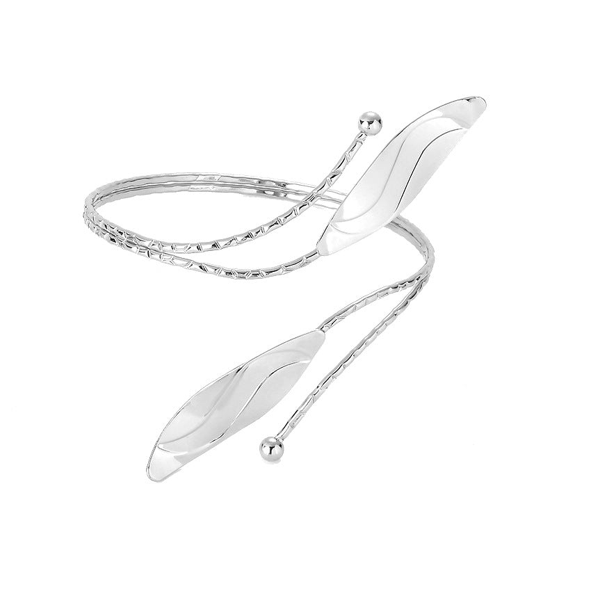 Silver-Plated Leaves Bypass Arm Cuff, dainty minimalist design, detail close-up