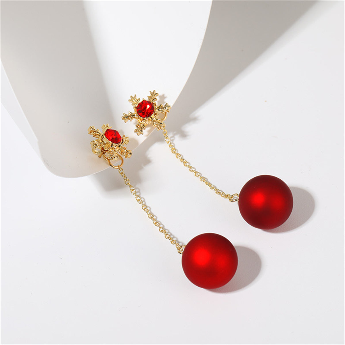 Red Resin and 18K Gold-Plated Zirconia-Accent Snowflake Ear Jackets, gold drop earrings for women, detail close-up