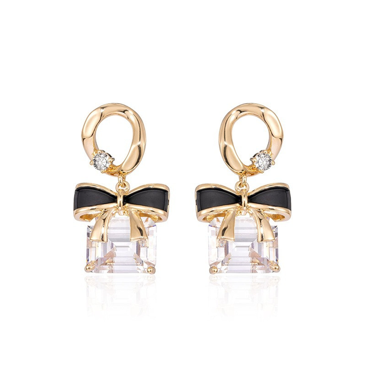 Cubic Zirconia and Crystal 18K Gold-Plated Bow Square Drop Earrings, gold drop earrings for women, front view