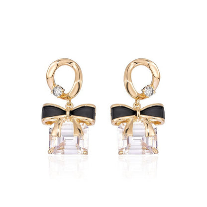 Cubic Zirconia and Crystal 18K Gold-Plated Bow Square Drop Earrings, gold drop earrings for women, front view