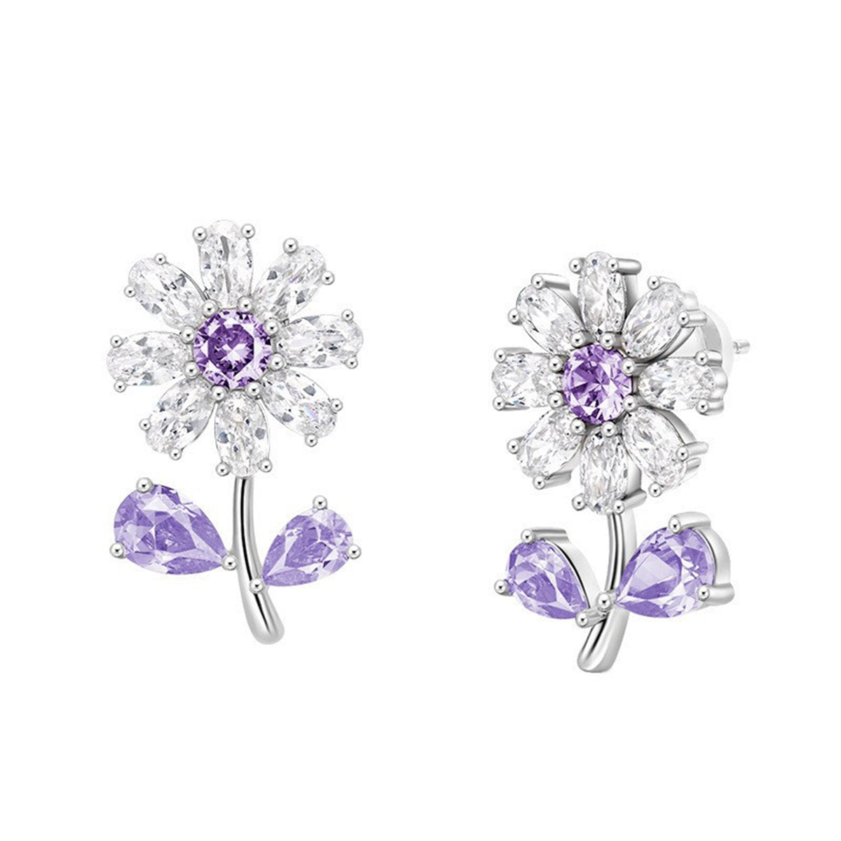 Purple Crystal and Silver-Plated Flower Stud Earrings, silver stud earrings for women, detail close-up
