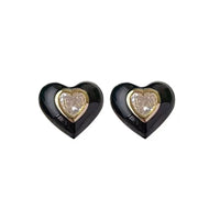 Black Enamel & Crystal 18k Gold-Plated Heart Stud Earrings