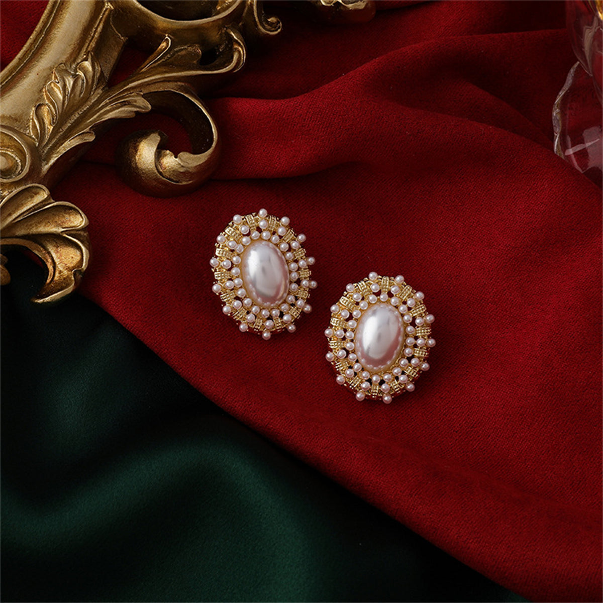 Pearl and 18K Gold-Plated Halo Oval Stud Earrings, gold stud earrings for women, botanical inspired, side view