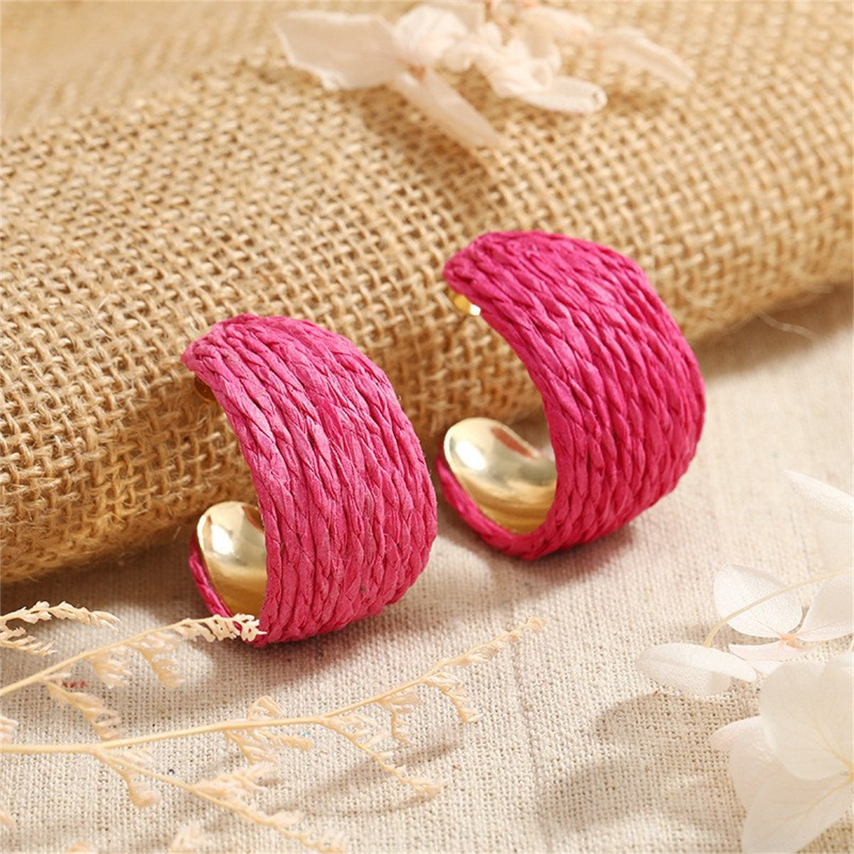 Rose Raffia and 18K Gold-Plated Huggie Earrings, gold huggie earrings, botanical inspired, styled look