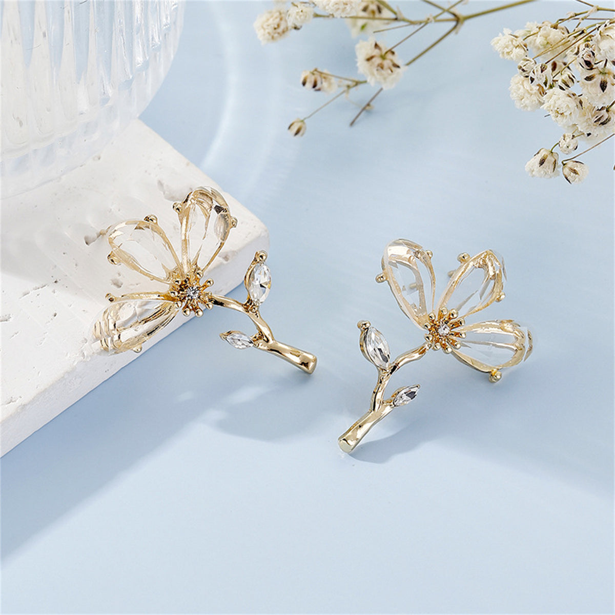 Clear Crystal and 18K Gold-Plated Flower Drop Earrings, gold stud earrings for women, botanical inspired, side view