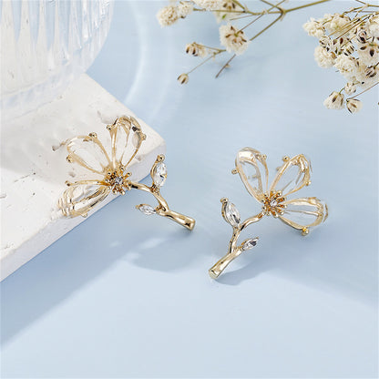 Clear Crystal and 18K Gold-Plated Flower Drop Earrings, gold stud earrings for women, botanical inspired, side view