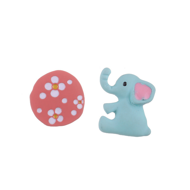 Pink Flower and Teal Enamel Elephant Mismatch Stud Earrings, stud earrings for women, dainty minimalist design, front view