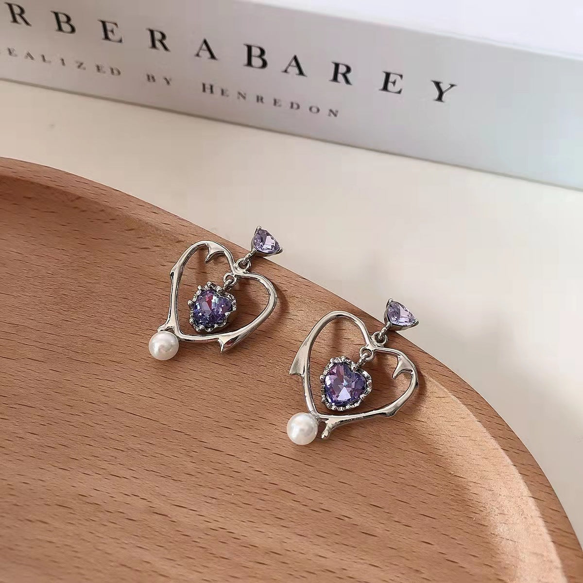 Purple Crystal and Pearl Silver-Plated Open Heart Drop Earrings, silver drop earrings for women, side view