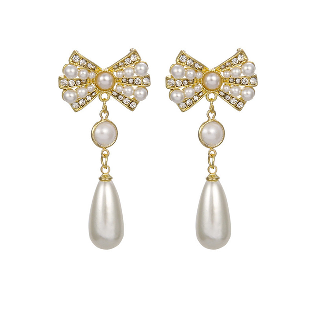 White Cubic Zirconia and Pearl 18K Gold-Plated Bow Drop Earrings, gold drop earrings for women, everyday style, front view