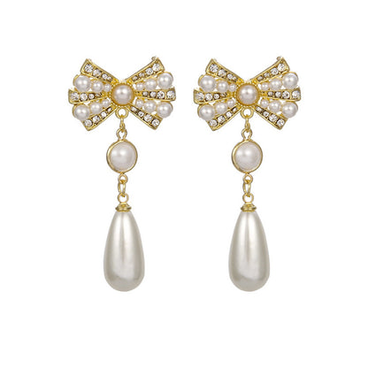 White Cubic Zirconia and Pearl 18K Gold-Plated Bow Drop Earrings, gold drop earrings for women, everyday style, front view