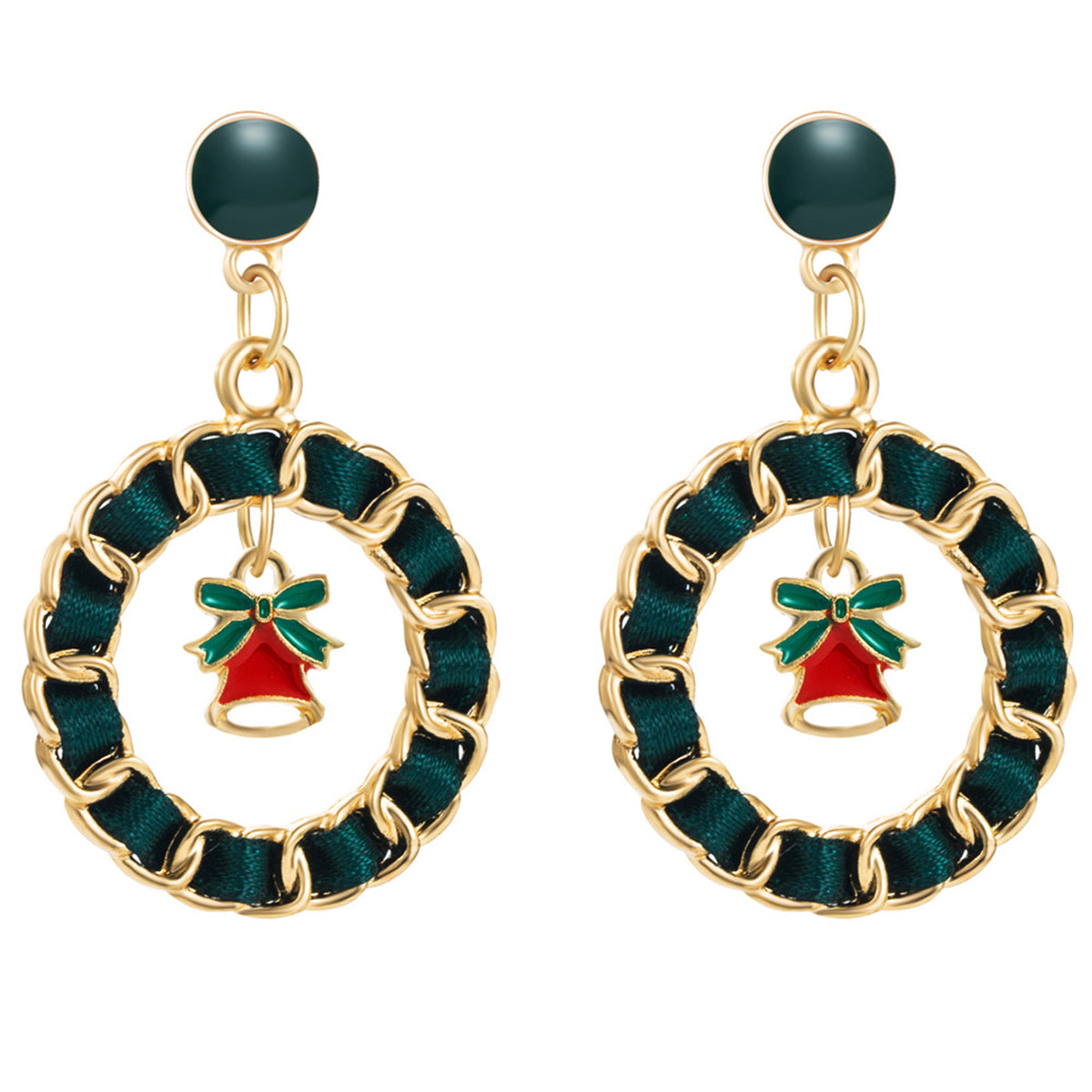 Black Ribbon and Enamel 18K Gold-Plated Bell Figaro Drop Earrings, gold drop earrings for women, side view