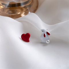 Pearl & Enamel Rabbit Heart Stud Earrings