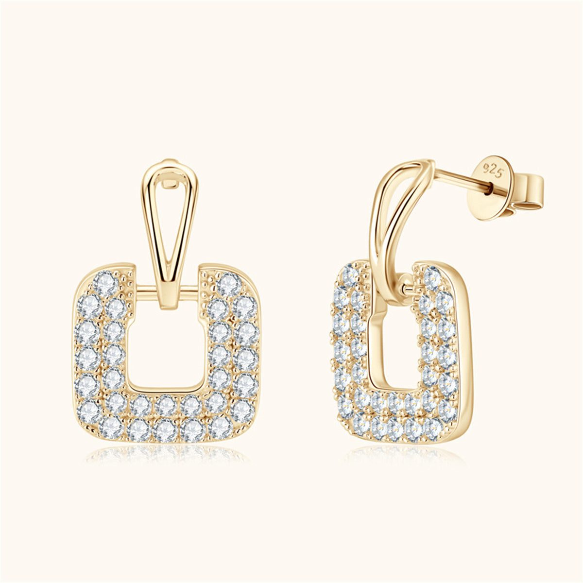 Cubic Zirconia and 18K Gold-Plated Square Drop Earrings, gold drop earrings for women, dainty minimalist design, side view