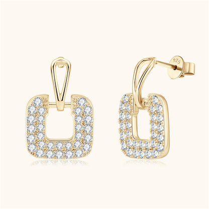 Cubic Zirconia and 18K Gold-Plated Square Drop Earrings, gold drop earrings for women, dainty minimalist design, side view