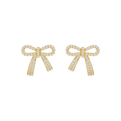 Cubic Zirconia and 18K Gold-Plated Bow Stud Earring, gold stud earrings for women, dainty minimalist design, side view