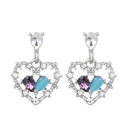 Cat's Eye and Crystal Cubic Zirconia Silver-Plated Heart Drop Earrings, silver drop earrings for women, side view