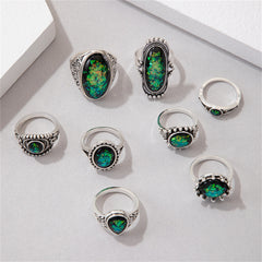 Black & Silver-Plated Long Oval Ring Set