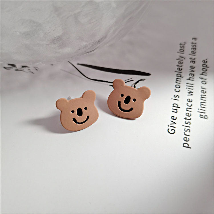 Brown Enamel & Silver-Plated Bear Stud Earrings