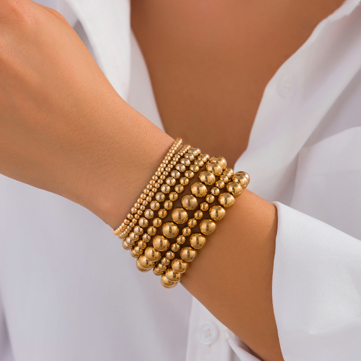 18K Gold-Plated Beaded Stretch Bracelet Set, jewelry gift sets for women, everyday style, front view