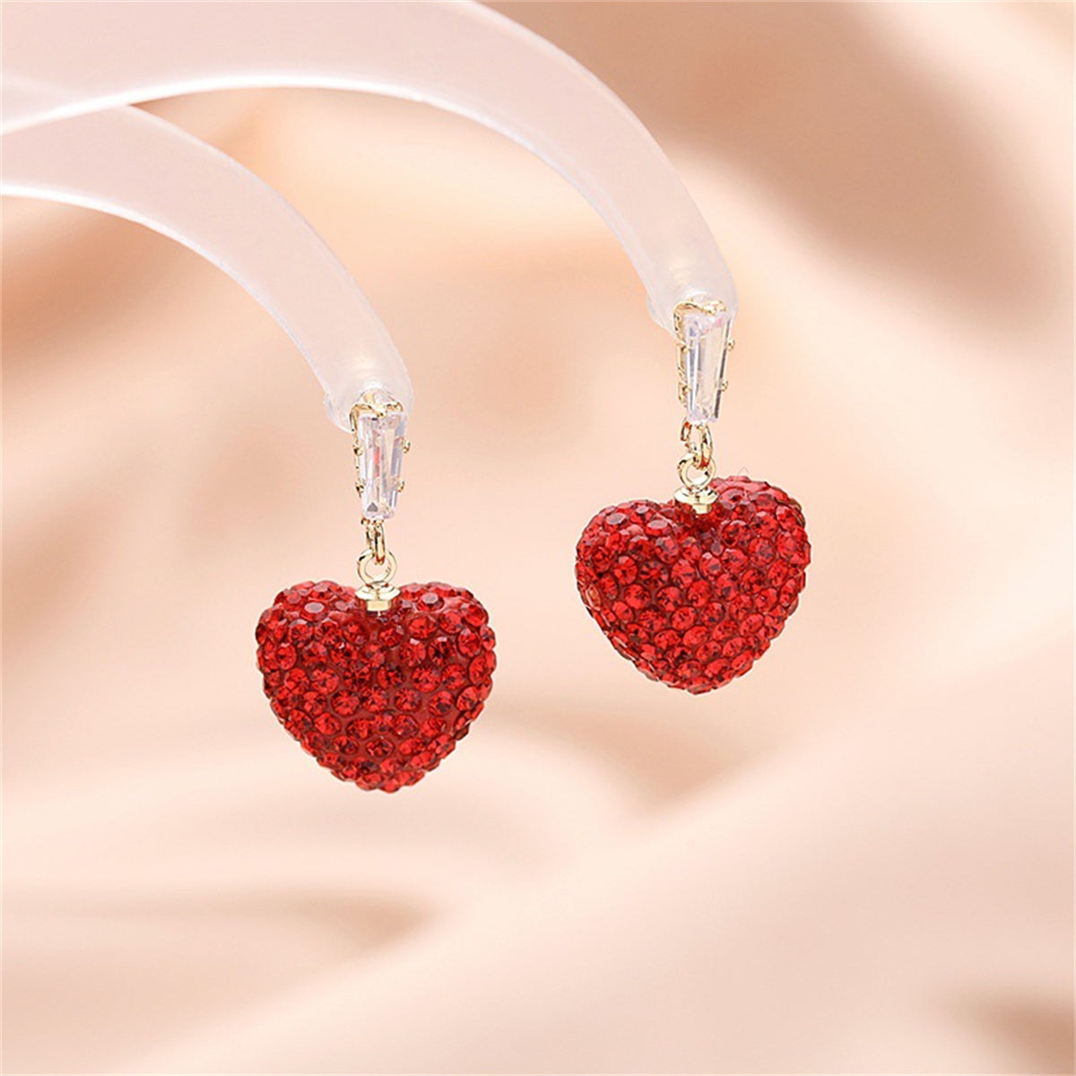 Red Cubic Zirconia and Crystal 18K Gold-Plated Heart Drop Earrings, gold drop earrings for women, detail close-up