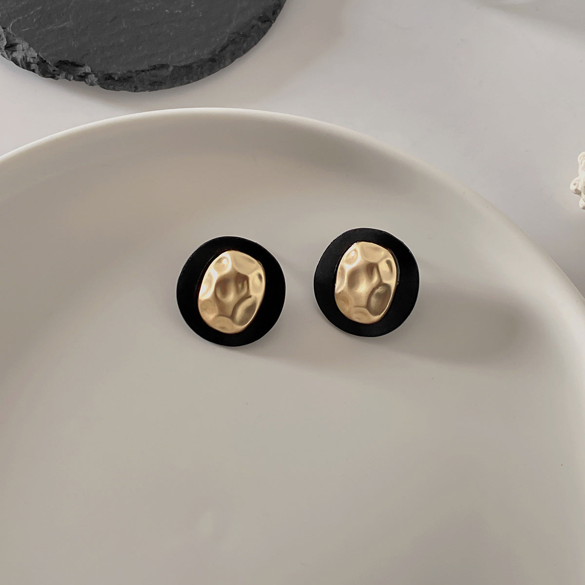Black Enamel & 18K Gold-Plated Hammered Round Stud Earrings