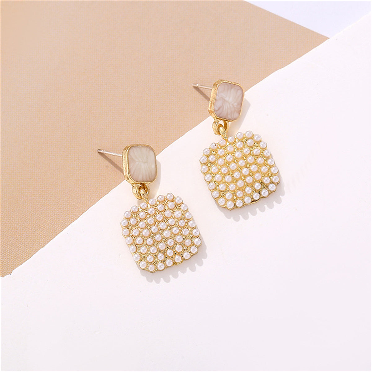 Pearl and Enamel 18K Gold-Plated Square Drop Earrings, gold drop earrings for women, dainty minimalist design, lifestyle look