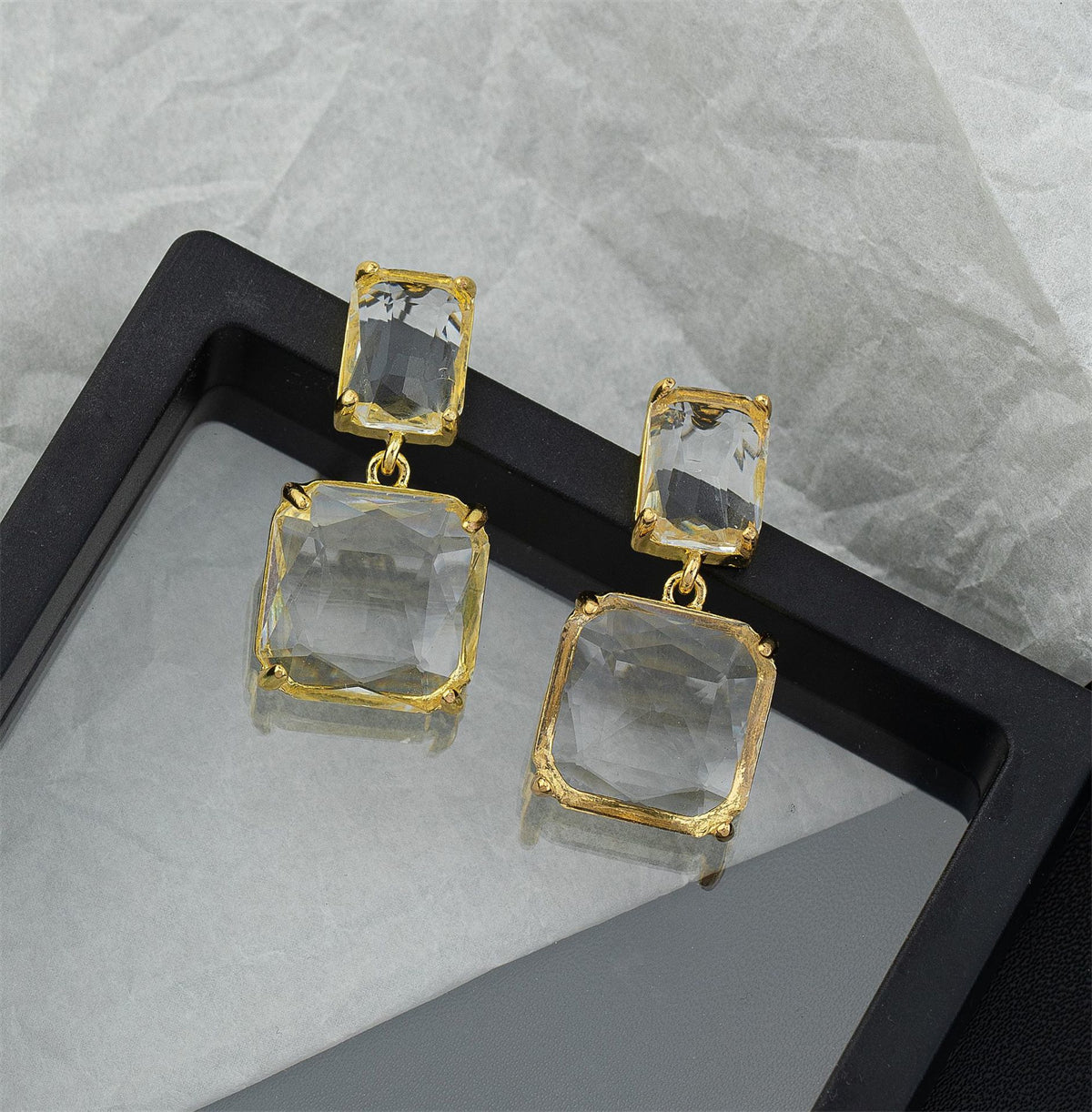 Crystal and 18K Gold-Plated Square Drop Earrings, gold drop earrings for women, botanical inspired, detail close-up