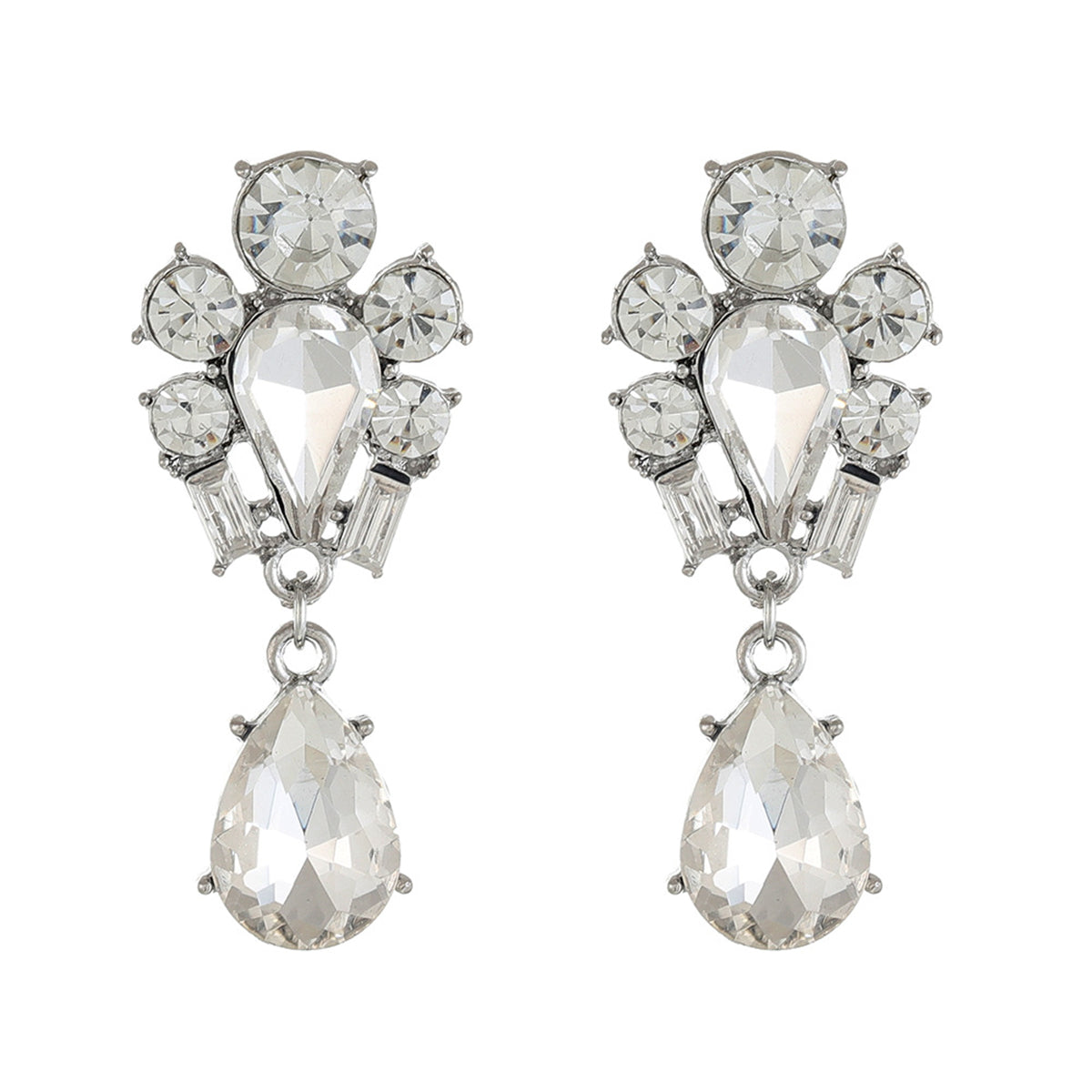 Crystal and Cubic Zirconia Silver-Plated Pear Drop Earrings, silver drop earrings for women, everyday style, front view