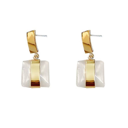 White Resin and 18K Gold-Plated Marble Geometric Drop Earrings, gold drop earrings for women, everyday style, detail close-up