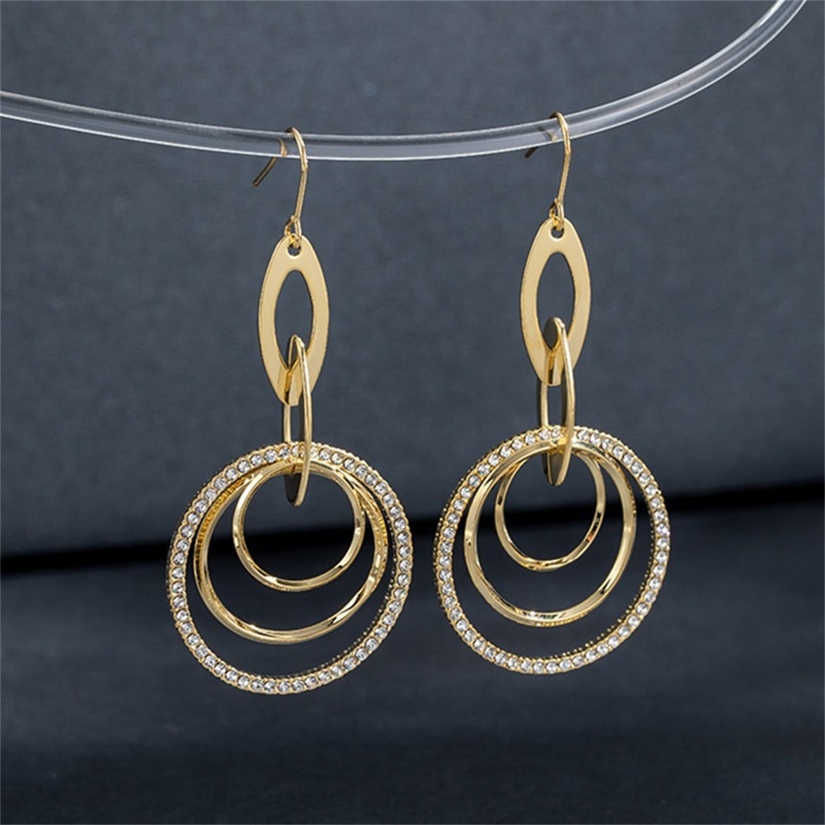 Cubic Zirconia and 18K Gold-Plated Pav¨¦ Stacked Circle Trio Drop Earrings, gold drop earrings for women, side view