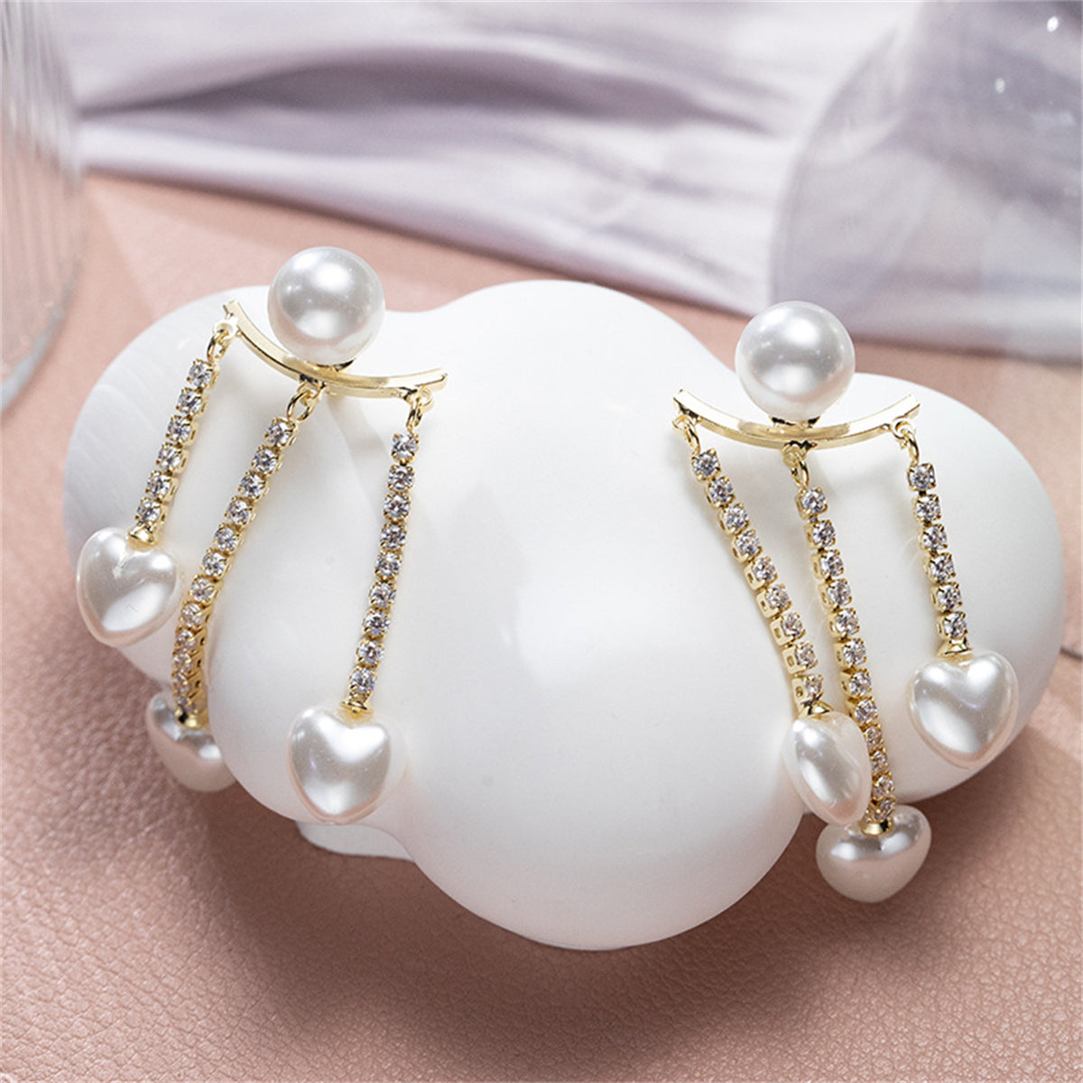 Cubic Zirconia and Pearl 18K Gold-Plated Heart Tassel Ear Jackets, gold drop earrings for women, detail close-up