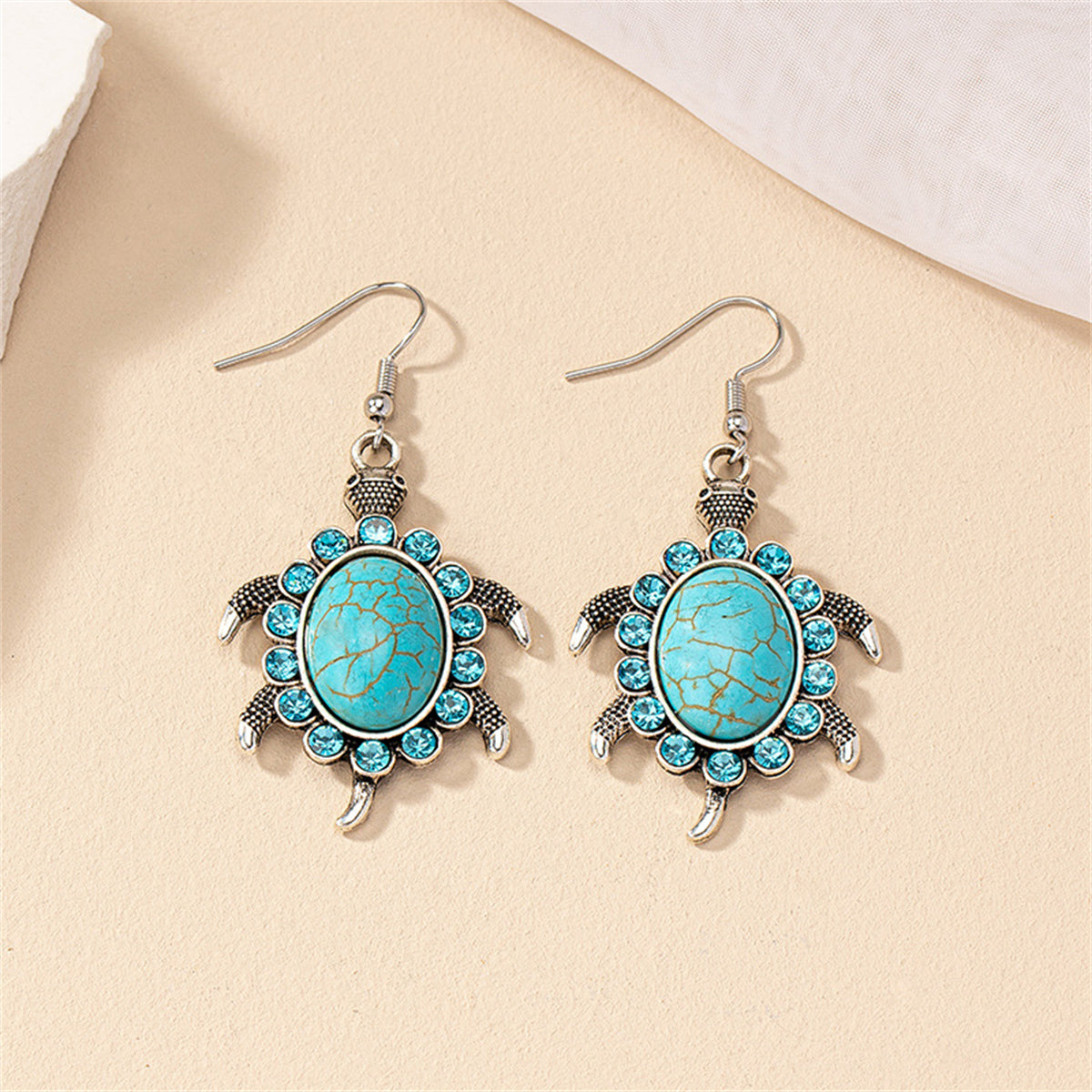 Blue Cubic Zirconia and Turquoise Sea Turtle Drop Earrings, drop earrings for women, everyday style, lifestyle look