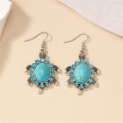 Blue Cubic Zirconia and Turquoise Sea Turtle Drop Earrings, drop earrings for women, everyday style, lifestyle look
