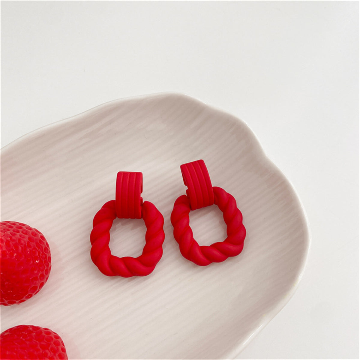 Red Resin and Silver-Plated Twine Square Drop Earrings, silver drop earrings for women, detail close-up