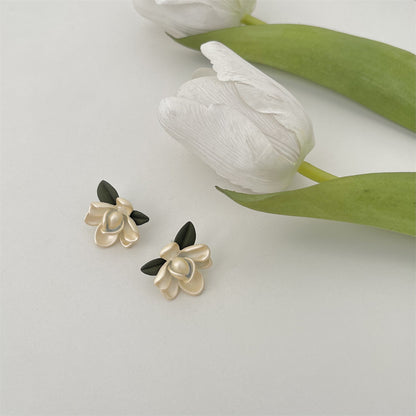 Pink Enamel and Silver-Plated Flower Stud Earrings, silver stud earrings for women, botanical inspired, lifestyle look