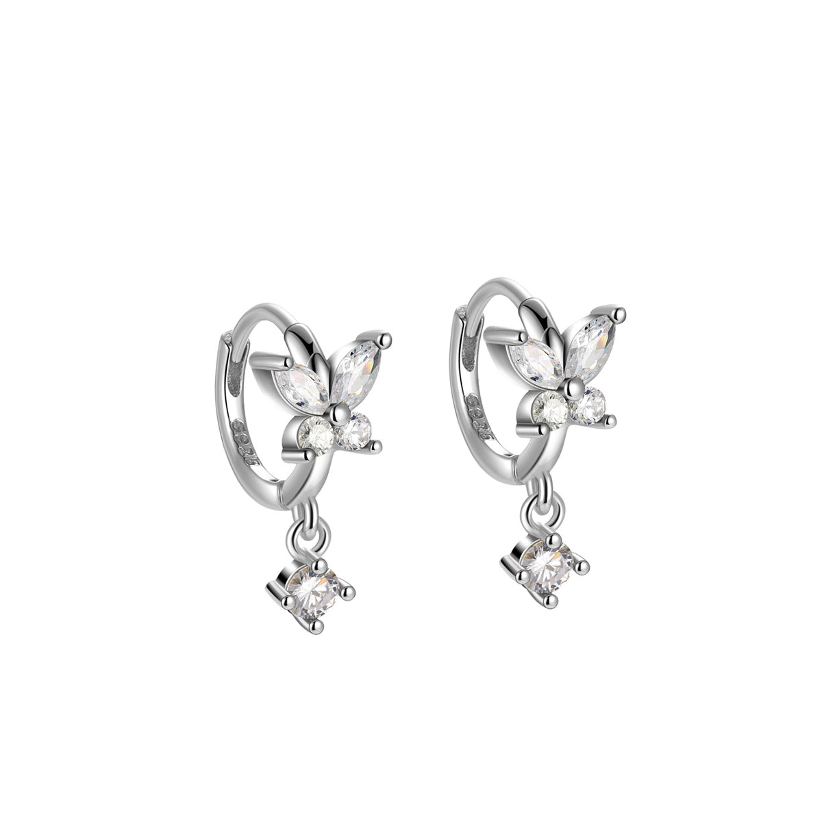 Cubic Zirconia and Silver-Plated Butterfly Huggie Earrings, silver huggie earrings, dainty minimalist design, side view