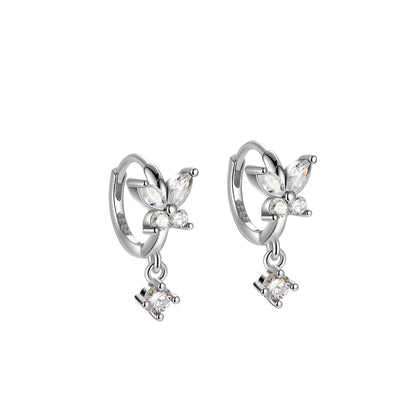 Cubic Zirconia and Silver-Plated Butterfly Huggie Earrings, silver huggie earrings, dainty minimalist design, side view