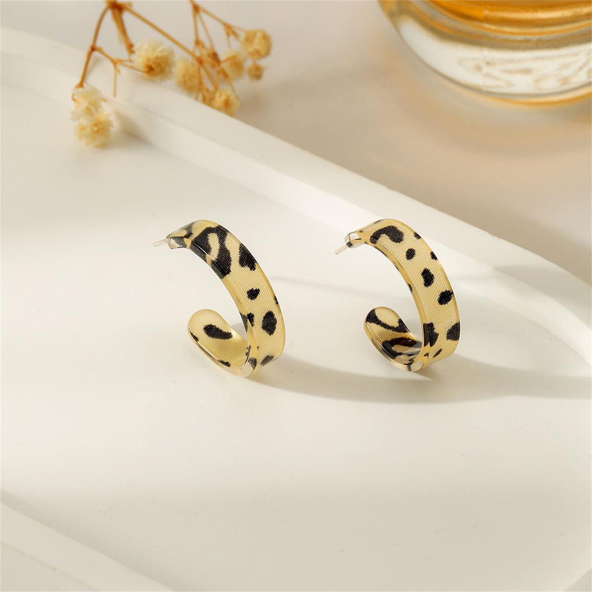 Beige & Black Acrylic Leopard Print Huggie Earrings