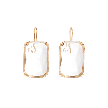 Pink Crystal and 18K Gold-Plated Rectangle Huggie Earrings, gold huggie earrings, vintage-inspired design, side view