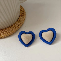 Blue Enamel & Tan Gabardine Heart Stud Earrings